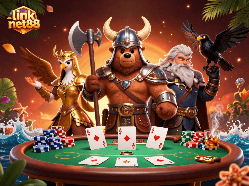 Engage with thrilling poker scenes at link net88, featuring captivating Viking and eagle characters.