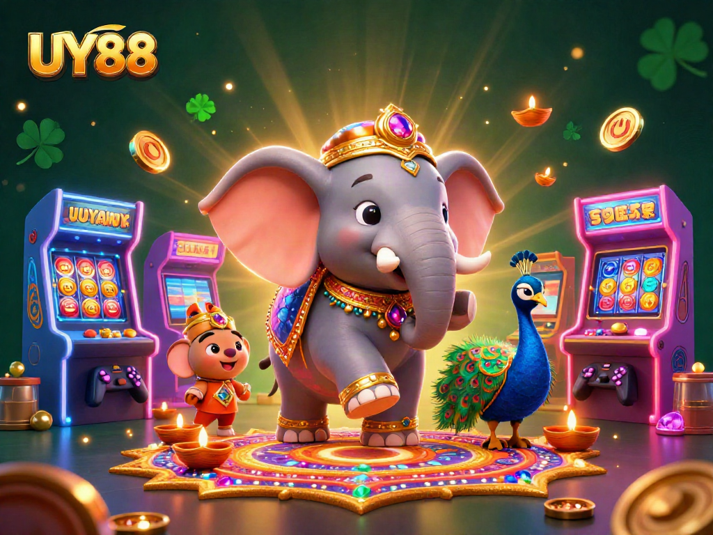 Spin to win with UY88's dynamic casino illustration featuring vibrant games and colorful elements.
