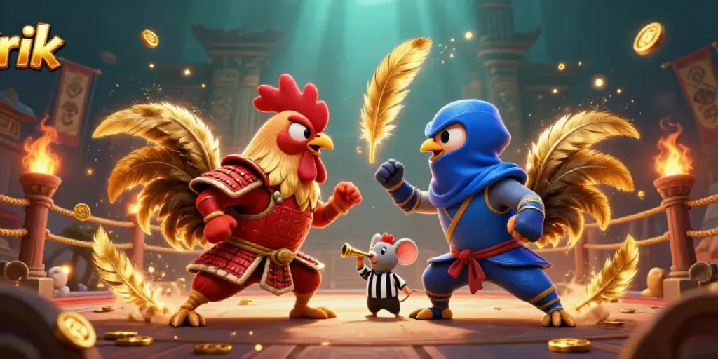 Engage in the thrilling clash of rik-themed roosters amidst stunning casino elements.