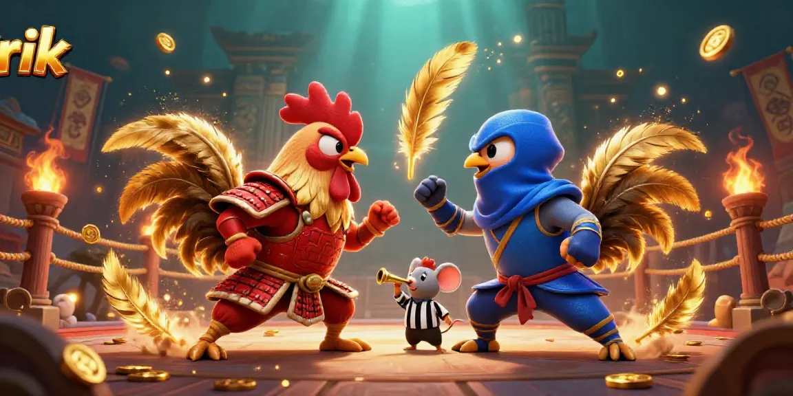 Engage in the thrilling clash of rik-themed roosters amidst stunning casino elements.