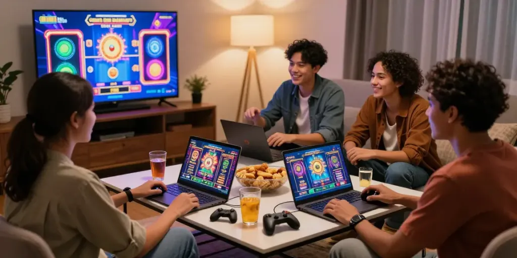 Engaging players enjoying a vibrant situs slot online gaming experience at home with laptops and snacks.