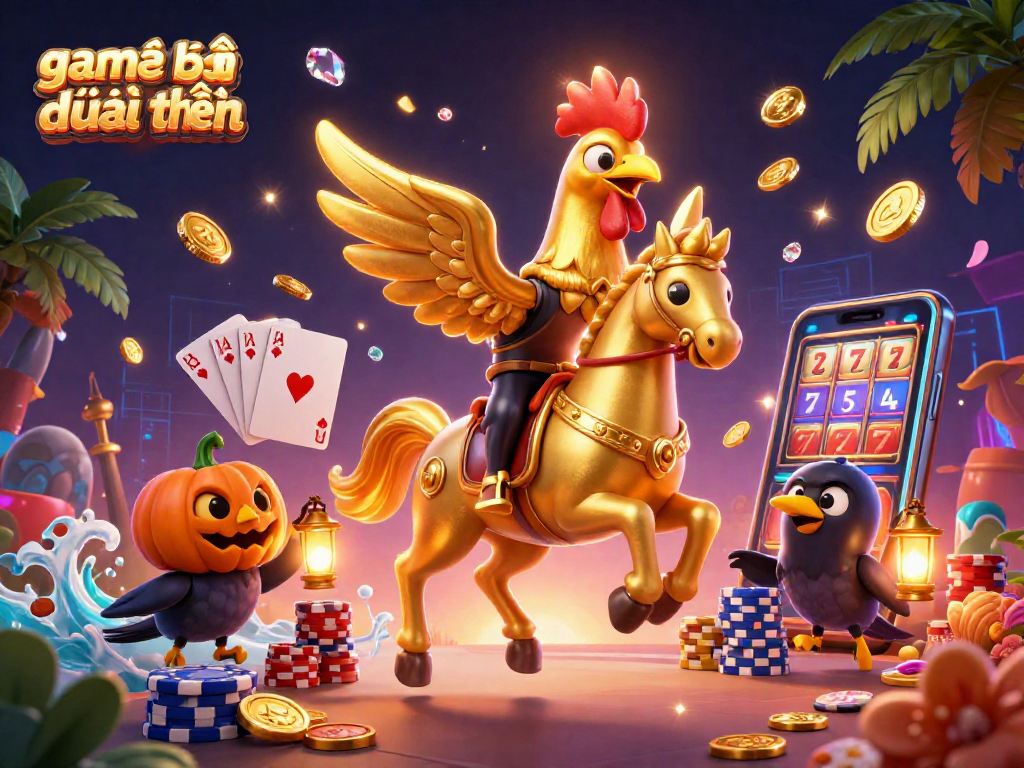 Engage with game đánh bài đổi thưởng in this vibrant 3D illustration showcasing poker elements and dynamic casino action.