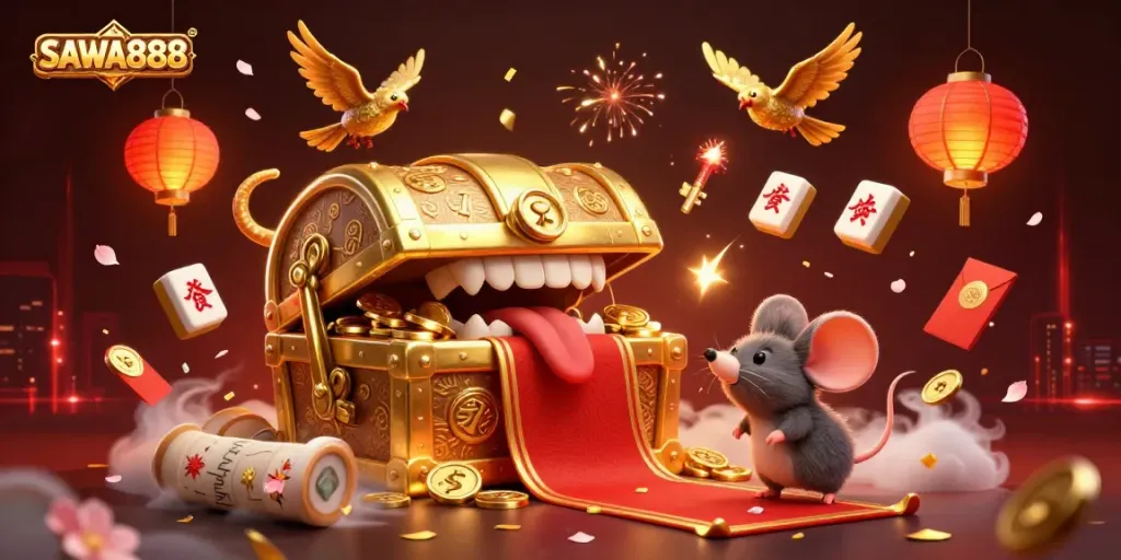 Engage in SAWA888 gaming adventures with golden treasures and festive casino elements!