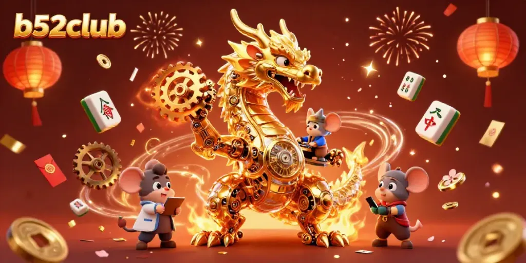 Experience thrilling gameplay at b52club with a vibrant 3D casino world featuring dragons and festive elements.