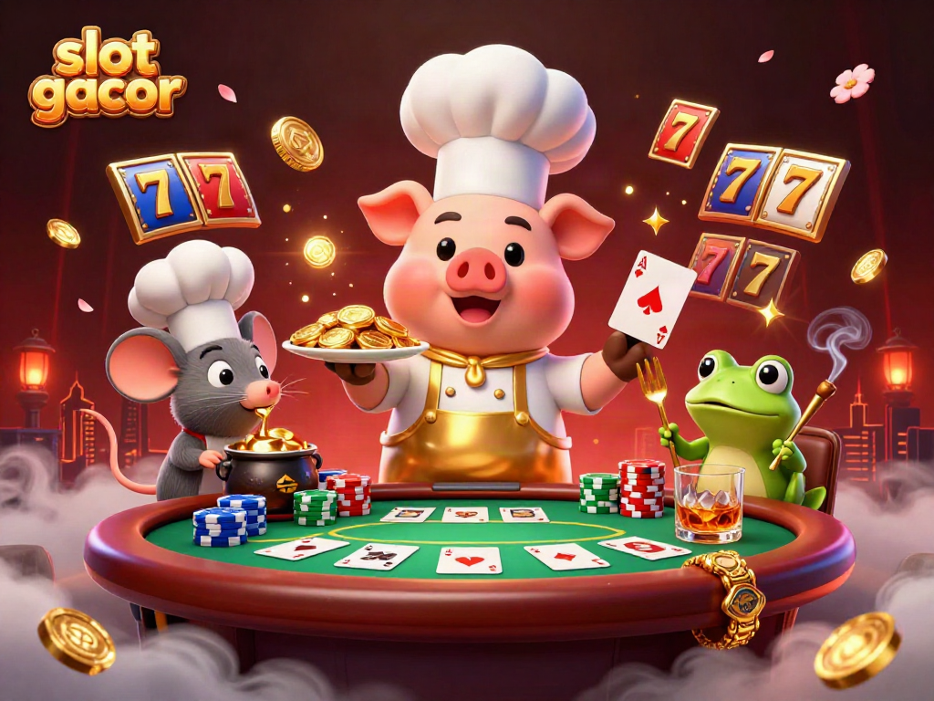 Engage with slot gacor excitement in this vibrant scene of a pig chef and friends serving gold coins amidst dynamic gambling elements.
