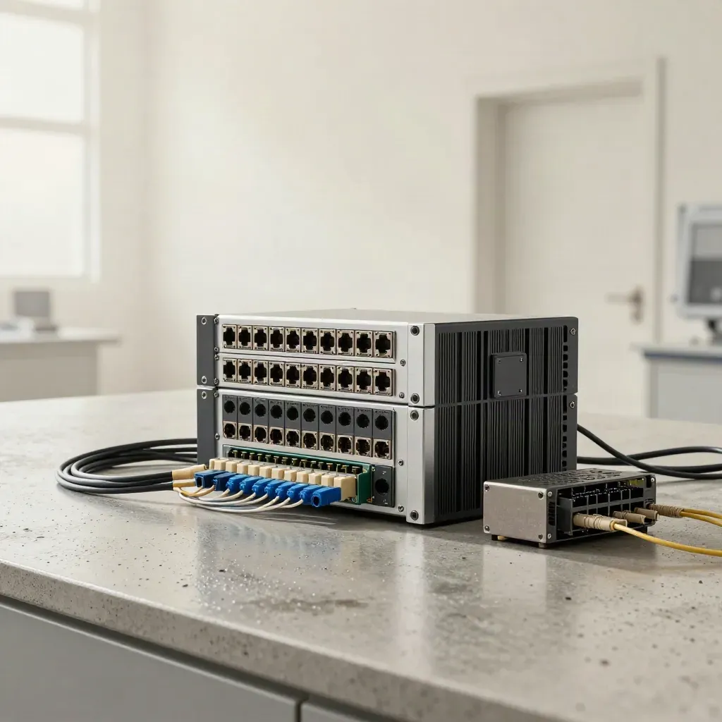 Rackmount monitoring hardware on concrete with fiber cables, mist, and blue accent light