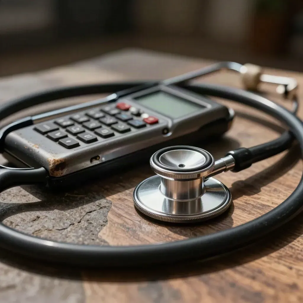 Stethoscope, pager cradle, and coiled cord on walnut stone under dramatic light.