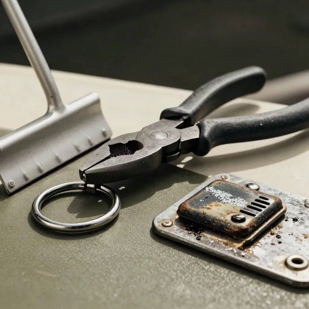 Macro still life of dock pliers, cargo ring, and worn radio clip on oiled steel.
