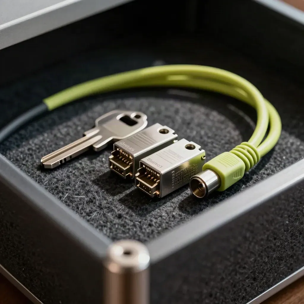Rack key, paired SFP transceivers, and braided patch cable on dark felt.