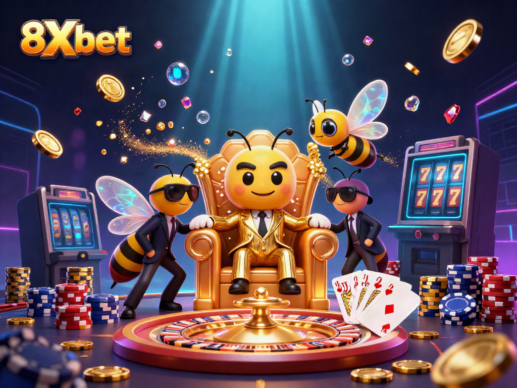 Experience the thrills of 8Xbet with a dynamic 3D scene filled with colorful casino elements.