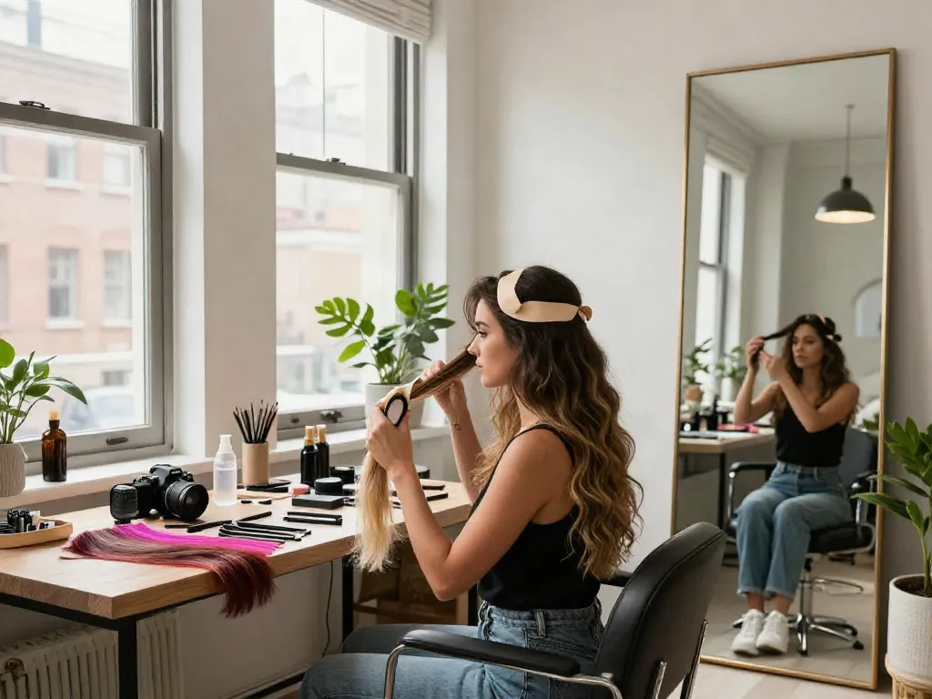 Applying tape in hair extensions for a stylish, seamless look in a vibrant urban setting.