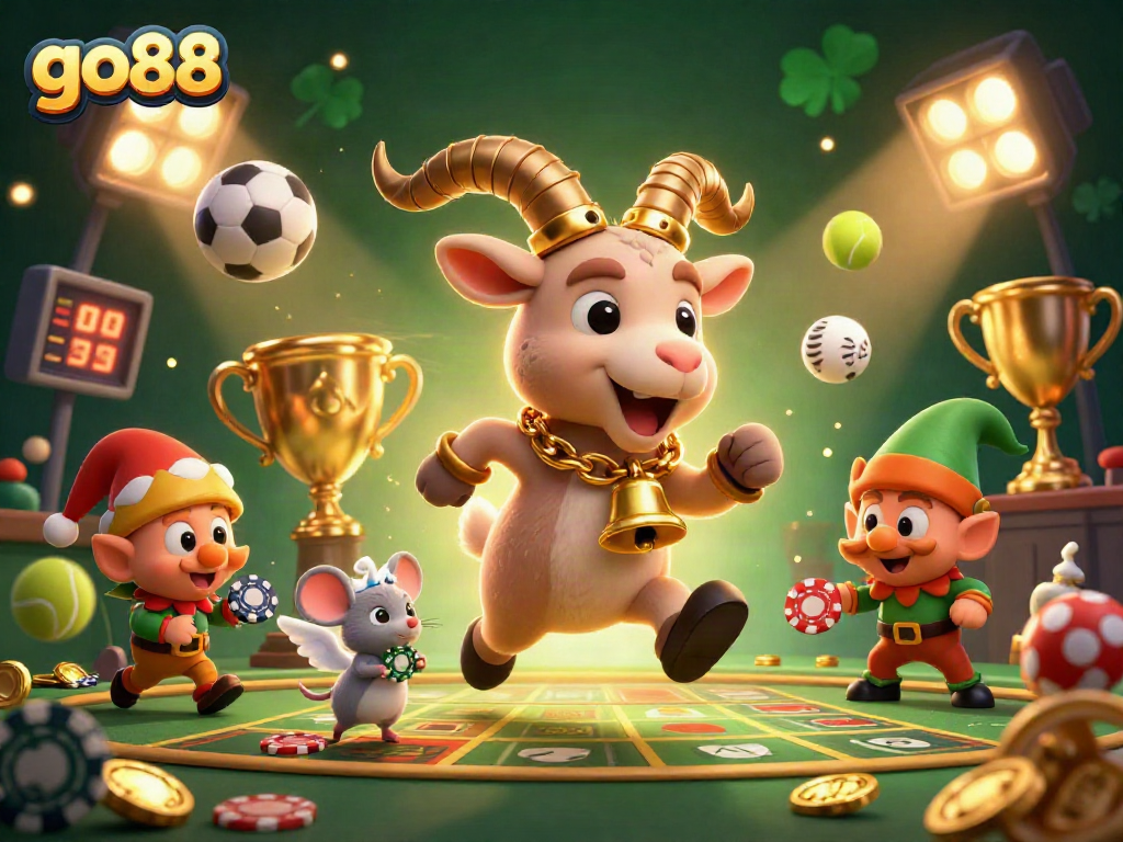 Win big with go88 in an enchanting casino scene featuring festive characters and lively sports elements.