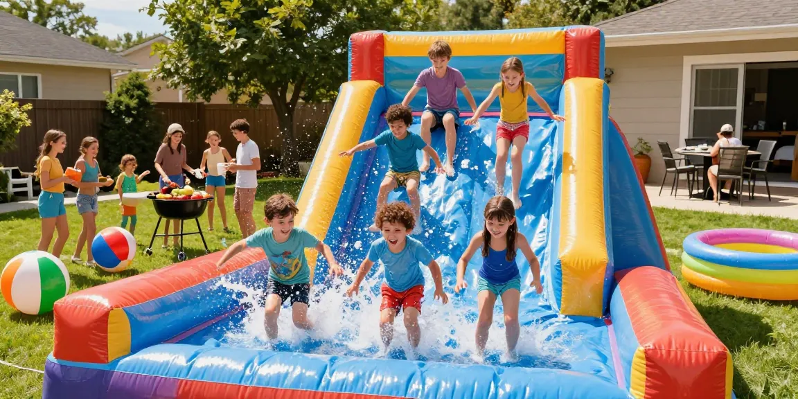 Kids having fun on a colorful water slide in a vibrant backyard setting, enjoying summer activities.