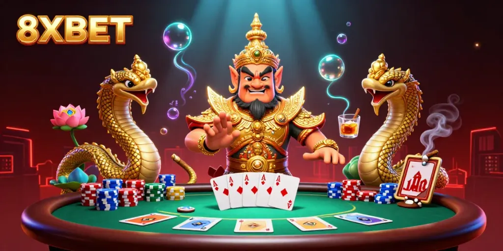 Join the excitement with 8XBET at an animated poker scene showcasing vibrant characters and elements.