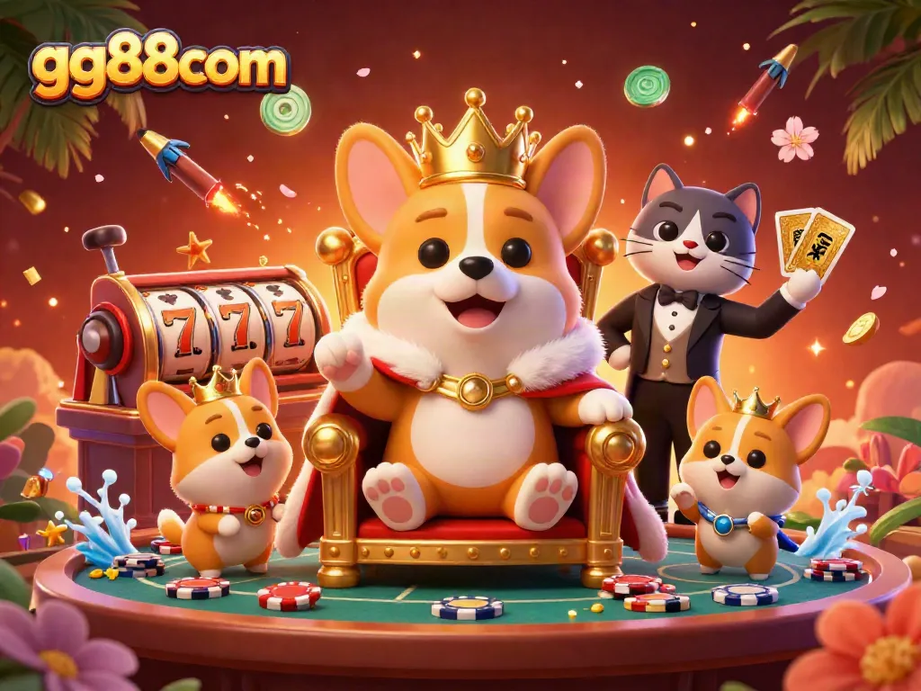 Engaging gg88com scene with a royal corgi, poker items, and festive elements celebrating gambling.