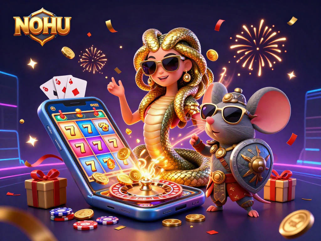 Experience NOHU's thrilling slots and rewards with Medusa and a warrior mouse.