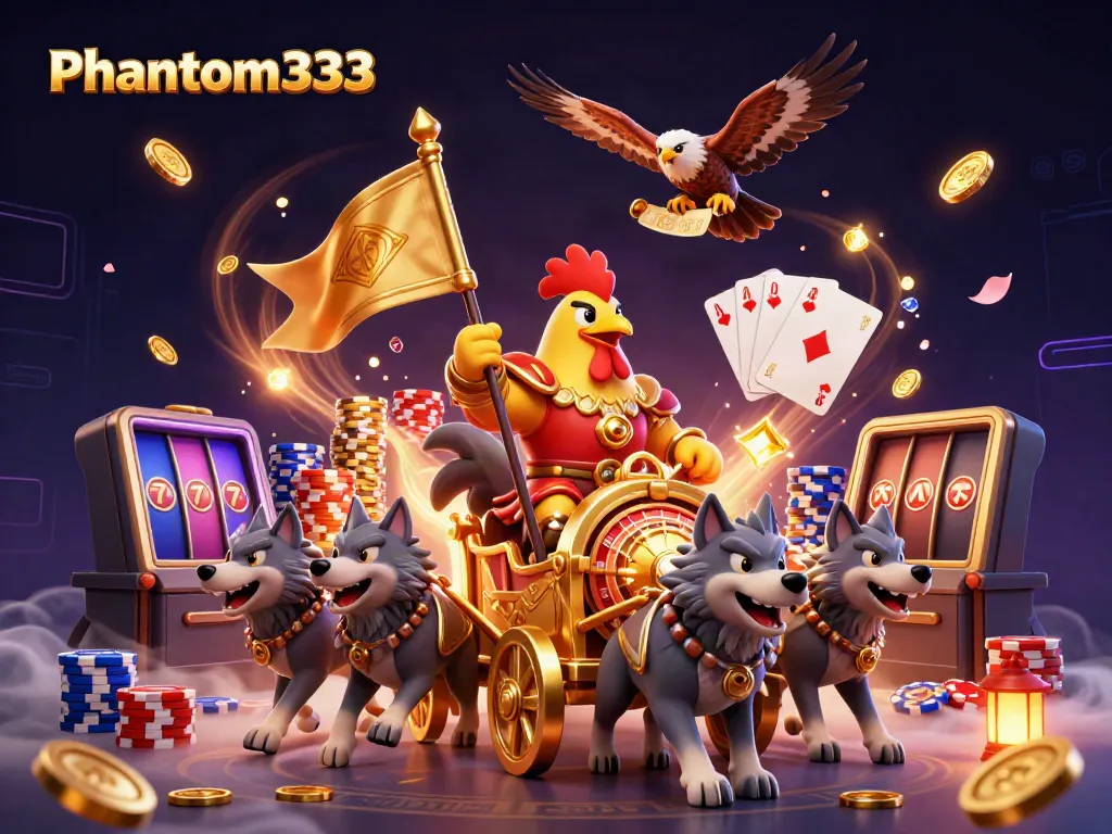 Spin to win with Phantom333 as a rooster warlord leads a vibrant casino scene.