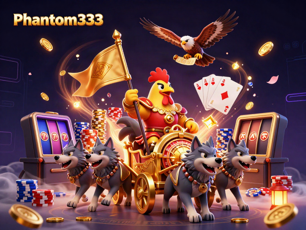 Spin to win with Phantom333 as a rooster warlord leads a vibrant casino scene.