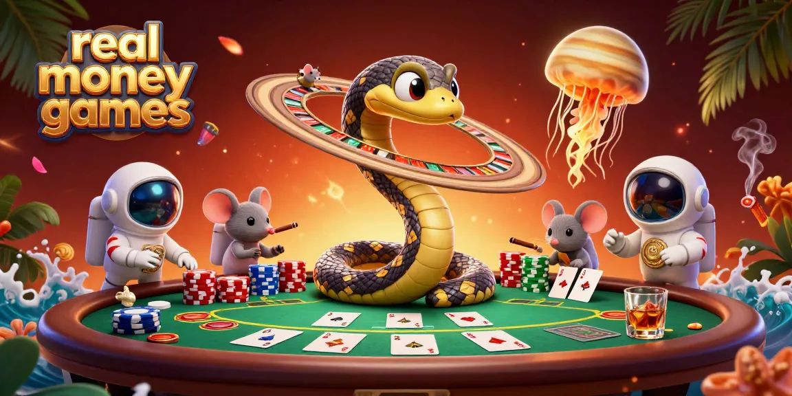 Engaging scene of real money casino games featuring a Saturn ring snake as a roulette wheel with astronaut mice betting.
