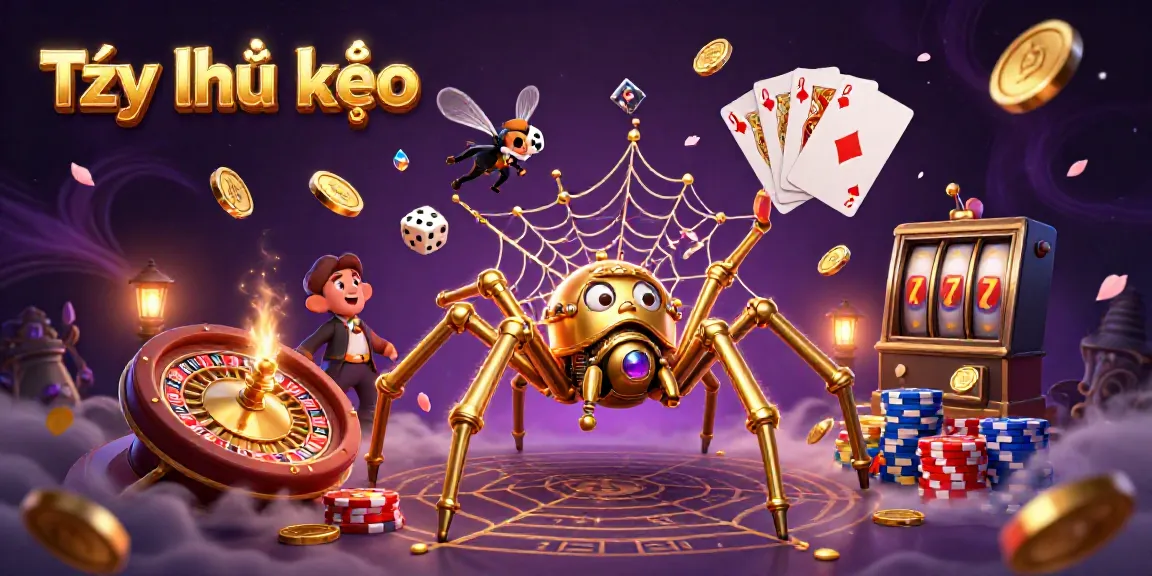 Engage with Tỷ lệ kèo through a dynamic steampunk casino scene showcasing a golden spider in a web of luck.