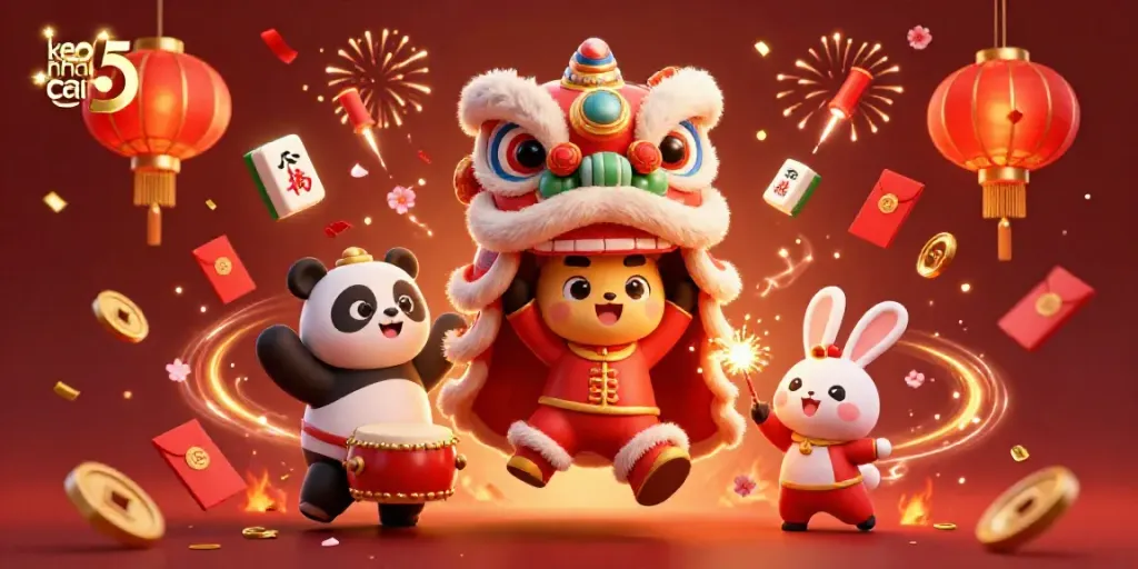 Celebrate with keo nha cai 5 as characters perform the lion dance amid festive casino elements.