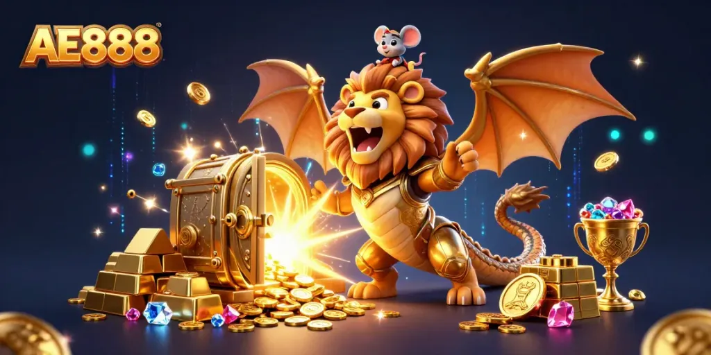 Engage with AE888 in an exhilarating golden adventure featuring a chimera and treasure.
