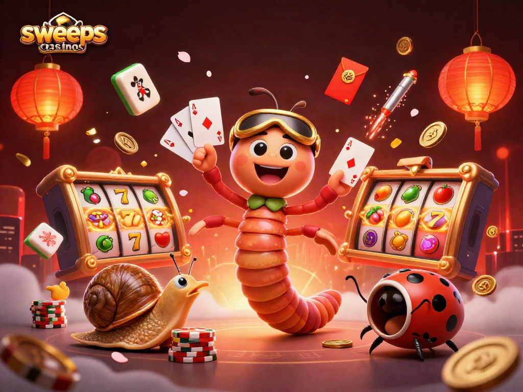 Engaging scene in sweeps casinos featuring a whimsical dealer and high-roller amidst spinning slot reels and festive decorations.