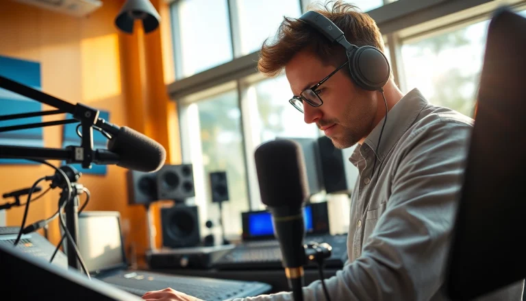 Engaged audio engineer utilizing online mastering services amidst a state-of-the-art studio setup.