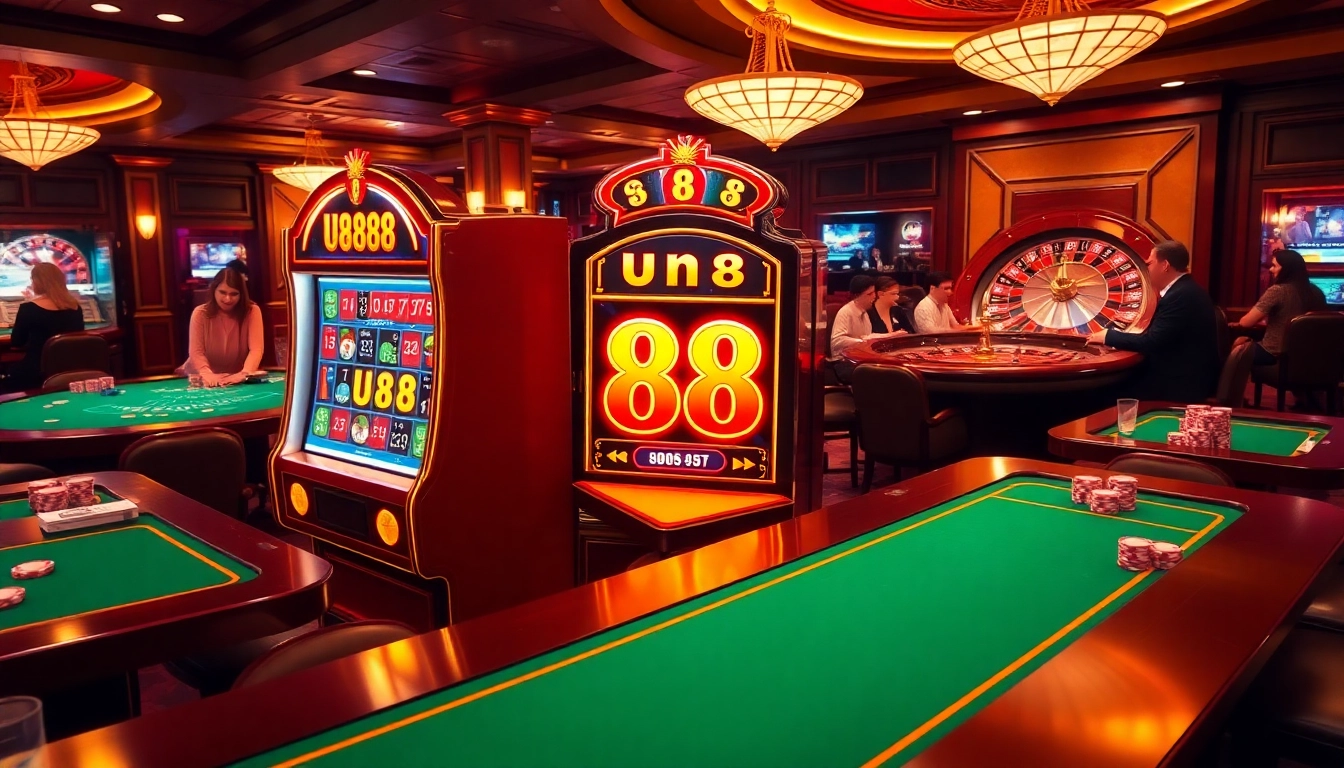 Players enjoying the U88 slot machine amidst a glamorous casino setting with vibrant poker chips.
