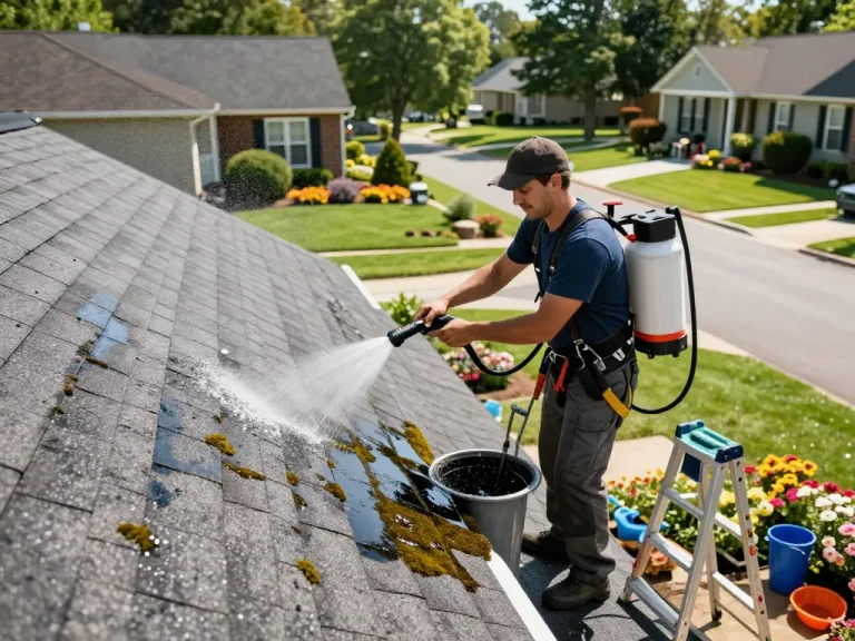 Expert roof cleaning services Atlanta technician washing asphalt shingles in a sunny neighborhood.