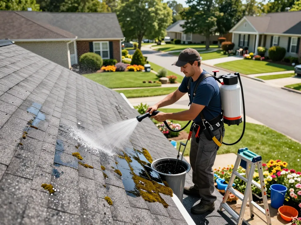 Expert roof cleaning services Atlanta technician washing asphalt shingles in a sunny neighborhood.