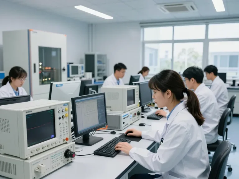 EMC testing team performing electomagnetic compatibility tests in a modern lab environment.