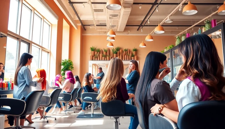 Haircut salon scene showcasing diverse clients getting haircuts, highlighting 헤어컷 미용실 experience.
