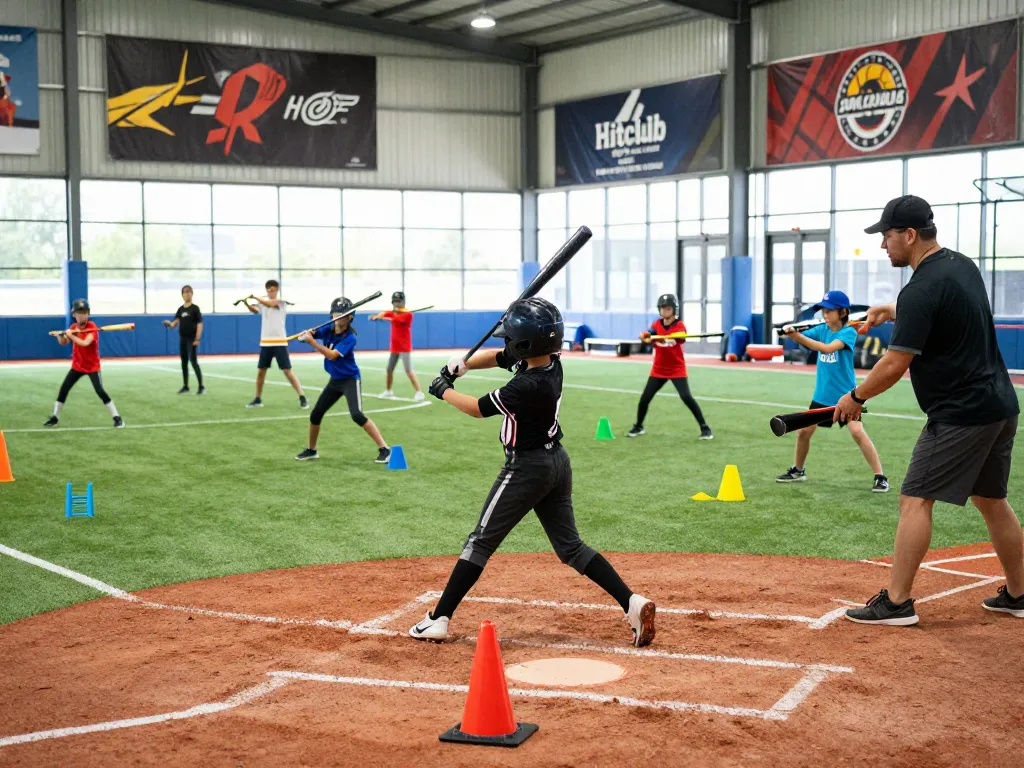 Hitclub athletes training indoors, showcasing dynamic swings and teamwork in a vibrant facility.