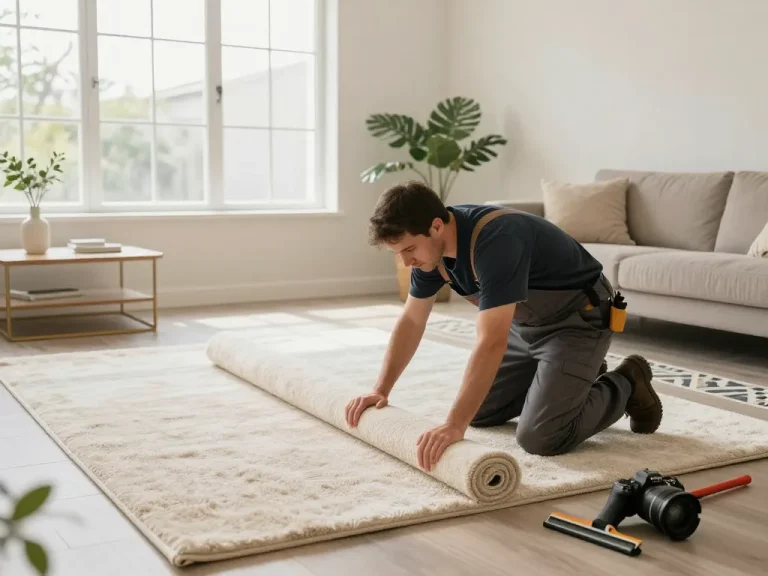 Professional carpet fitters near me installing plush carpet in a cozy living room with bright natural light.