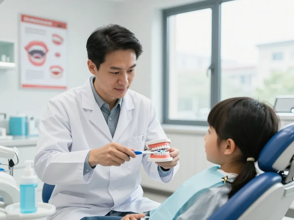 Dentist tips with a professional demonstrating brushing techniques to a young patient in a modern clinic.