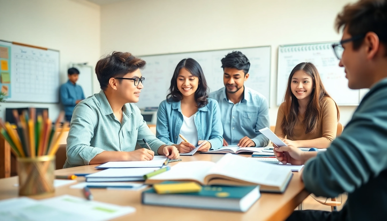Delivering toefl expert help in an engaging classroom filled with students working together.