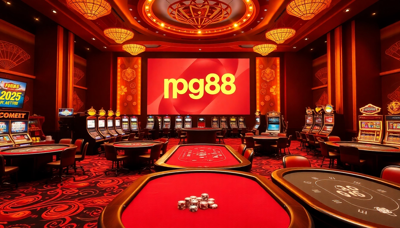 Engaging scene showcasing pg88 online casino with elegant tables, vibrant slot machines, and glimmering poker chips.