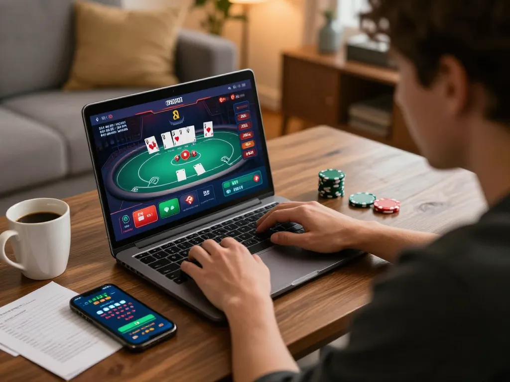 Engaged player using net88.de.com for online poker, surrounded by strategy notes and warm home lighting.
