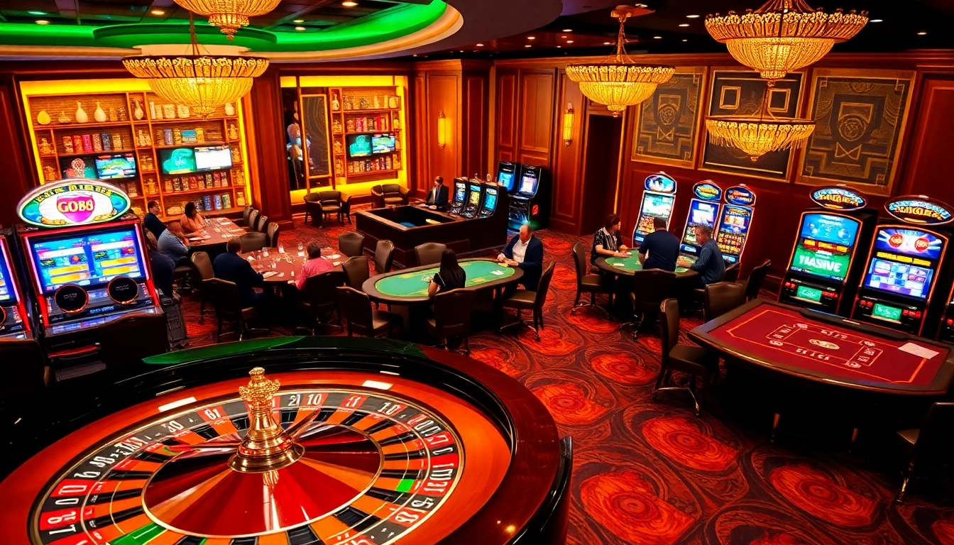 Playing at the luxurious GO88 casino with vibrant slot machines and a roulette wheel.