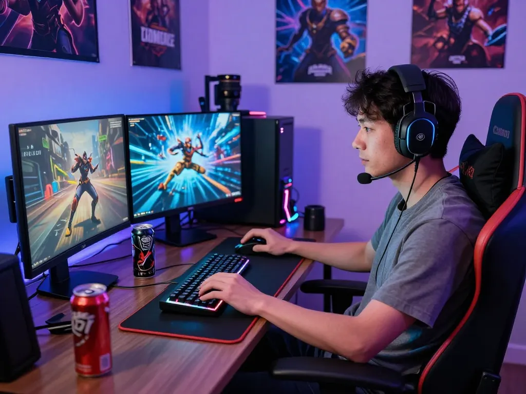 Exciting gamer setup showcasing sun win gaming experience with multi-monitor rig and vibrant LED lights.