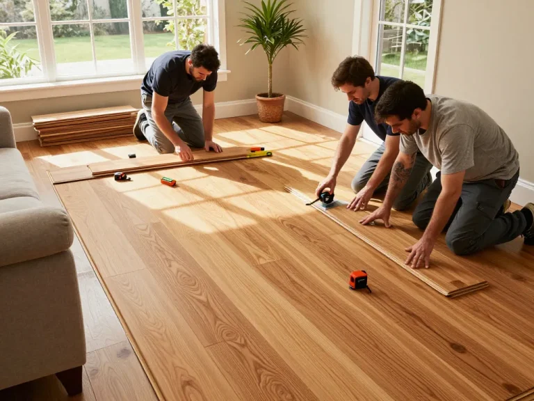Flooring specialists near me installing elegant hardwood floors in a bright living room, showcasing craftsmanship.