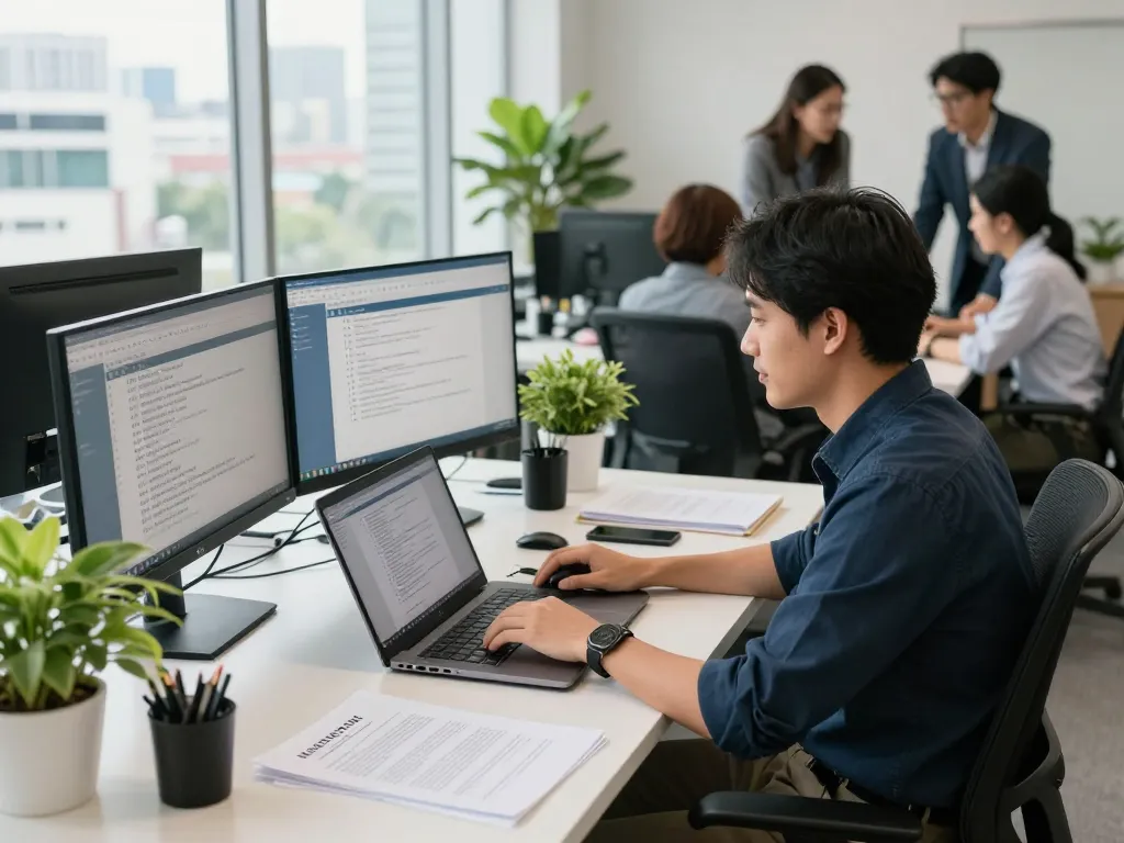 Translation Services in Chiang Mai office scene with professionals collaborating on documents and technology.