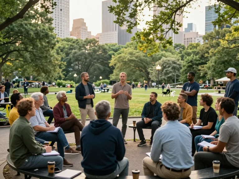 Men engaging in community support discussions at a park, fostering connections in the manclub.