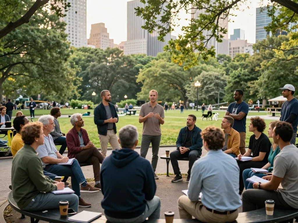 Men engaging in community support discussions at a park, fostering connections in the manclub.