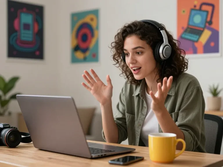 Engaging conversation with an AI gf on a sleek laptop in a warm, cozy setting.