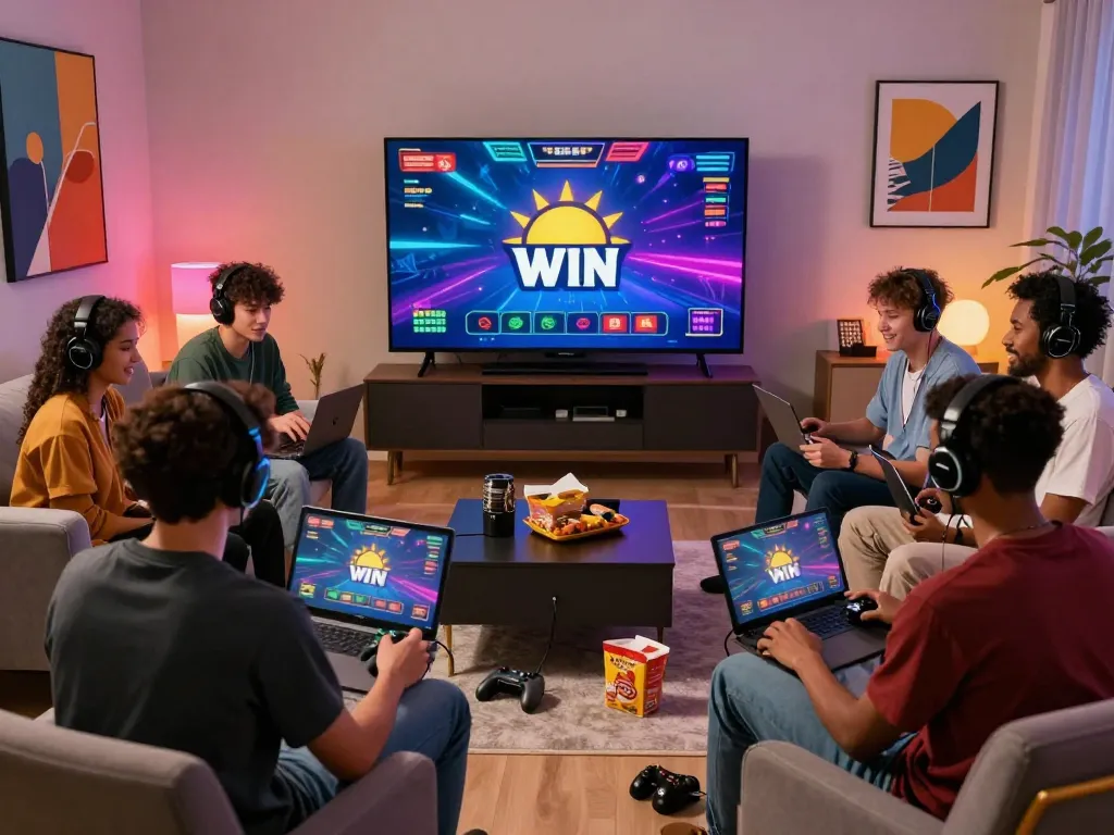 Players engaging with the sun win online gaming platform in a vibrant living room setting.