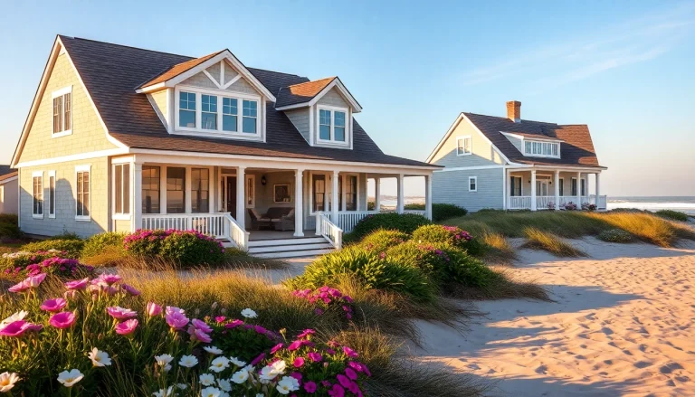 Cape Cod homes with elegant designs and beautiful coastal landscaping in a serene beach setting.