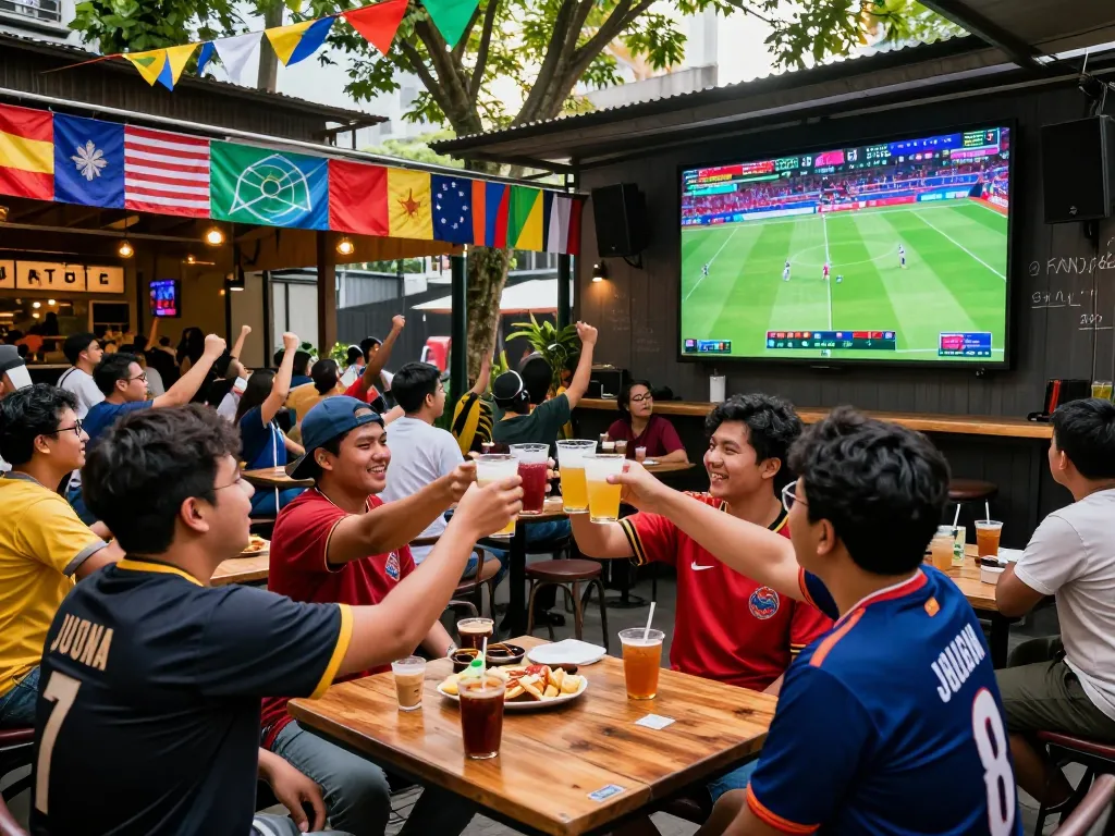 Fans celebrating judi bola at a lively outdoor sports bar during a football match.