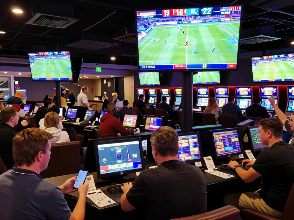 Engaged sports bettors analyzing soi keo nha cai odds while cheering at a modern sportsbook.
